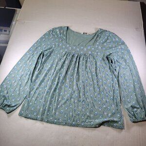 Lucky Brand Women Green Ditsy Floral Long Sleeve Boho Peasant Blouse Size M